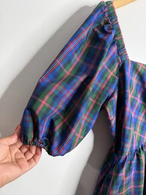 Old Navy Puff-Sleeve Blue Plaid Fit & Flare Taffeta Mini Dress Large Preppy Work thumbnail 6