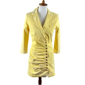 Retrofête Willa Yellow Denim Mini Dress Ruched Button Front Italy M thumbnail 2