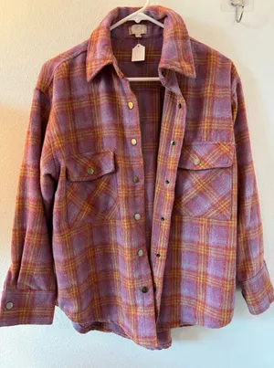 Dizzy Lizzy Purple Orange Plaid Shacket Button‎ Down Shirt Jacket Small thumbnail 1
