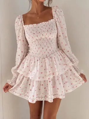 Heart Print Smocked Mini Dress XS Cottagecore Coquette Puff Sleeve Lace Trim thumbnail 1