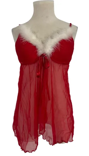 Seductive Wear by‎ Cinema Etoile Red White Fur Trim Babydoll Teddy Lingerie XL thumbnail 1