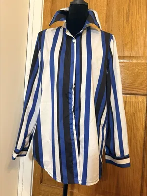 Alba Women's XL Striped Button-Up Shirt Blue White Black Long Sleeve Collared thumbnail 5