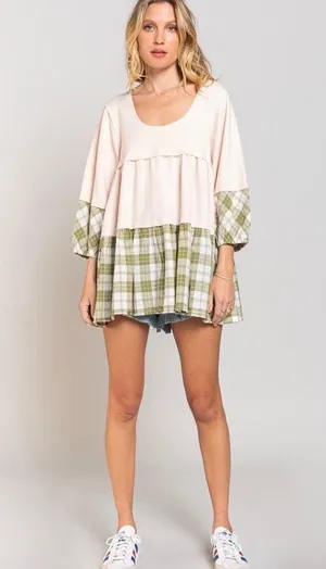 Shades Of Fall 3/4 Sleeve Plaid Rib Knit Tiered Tunic Balloon Sleeve Women’s Med thumbnail 4