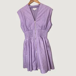 Entro Lavender Floral Checkerboard Zip Front Smocked Mini Dress D25862 Medium thumbnail 2