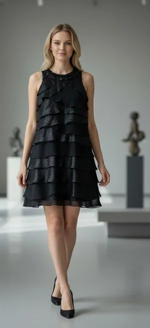 S.L. Fashions Size 14 Black Embellished Tiered Ruffle Cocktail Mini Dress thumbnail 1