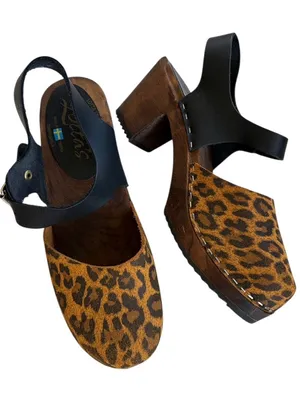 EUC Lotta’s Stockholm Leather Sling Back Heeled Clogs Black Leopard 7.5 - 8 thumbnail 1