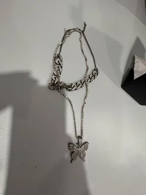 Rhinestone Chain Layered Necklace with Butterfly Pendant - Black/Silver thumbnail 3