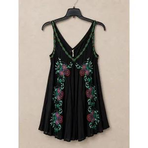 Free People Womens Mini Dress Medium Black Boho Embroidered V-Neck Sleeveless thumbnail 2