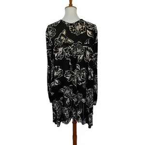 Free People Black White Floral Print Long Sleeve Tunic Top Size Small‎ thumbnail 4
