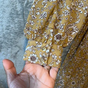Floral Midi Dress Yellow Ruched Front Pleated Skirt Cottagecore Indie Feminine M thumbnail 6