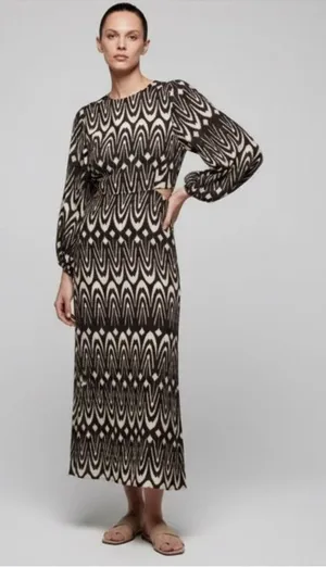 Zara Printed Midriff Cutout Brown Cream Ikat Tribal Puff Sleeve Maxi Dress Sz S thumbnail 1
