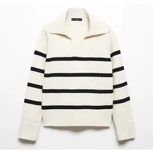 Mango Women's Cream and Black Striped V-Neck‎ Sweater with Collar thumbnail 5