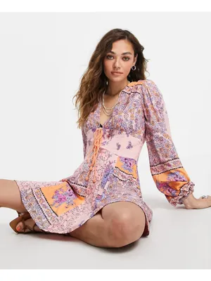 Free People Mixin' It Up Mini Dress XS Pink Orange Paisley V-Neck Boho Hippie thumbnail 1