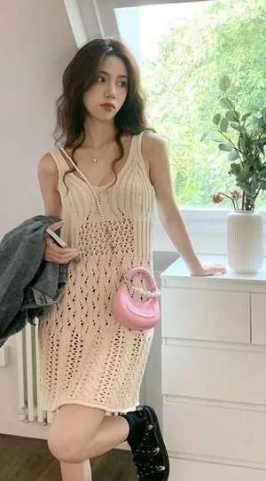 Women's XS Hollow Out Knit Sundress,‎ Elegant Summer Streetwear Mini Dress Beige thumbnail 1