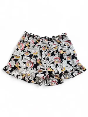 Black Floral Ruffle Hem Boho Shorts Womens Sz M Hippie Flutter Elastic Waistband thumbnail 2