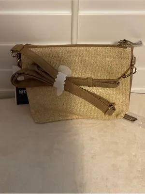 Crossbody Straw and Faux Leather Bag in Tan thumbnail 3