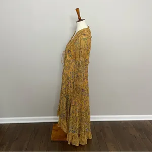 Free People Dress Cassis Midi Maxi Floral Lace Tiered Lined Boho Mustard Yellow thumbnail 9