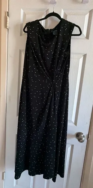 Gabby Skye Black and White Polka Dot Drapey Midi Dress with Knot Detail thumbnail 1