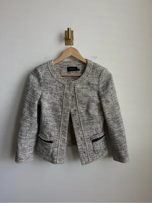 Karen Millen Women's Cropped Tweed Blazer Jacket Black Tan Size 4 thumbnail 6