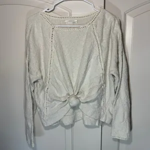 Anthropologie Sweater Women Small Cream Front Tie Knot Crochet Lace Cotton Blend thumbnail 2