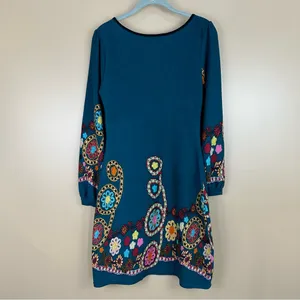 Aryeh Teal Floral Knit Sweater Babydoll Dress Small Colorful Flower Power Retro thumbnail 4