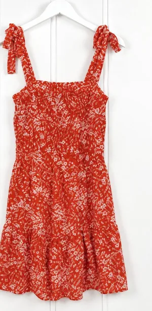 GiGiO Floral Sundress M Orange Smocked Tie Shoulder Ruffle Mini Dress Boho thumbnail 1