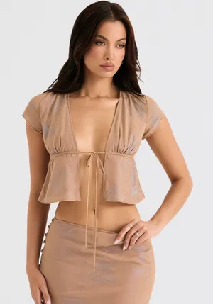 House of CB Maia Shimmer Cafe Au Lait Tie Front Top XS thumbnail 1