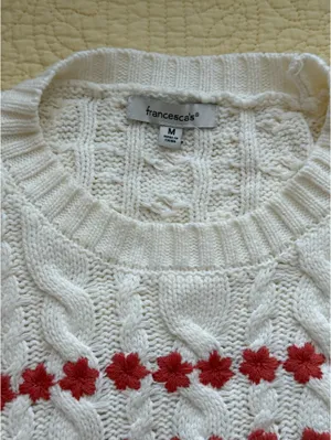 Francesca’s White Cable Knit Sweater with Red Floral Detail – Size Medium thumbnail 2