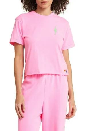 Aviator nation Neon Pink Bolt Cropped Boyfriend Tee women's small thumbnail 1