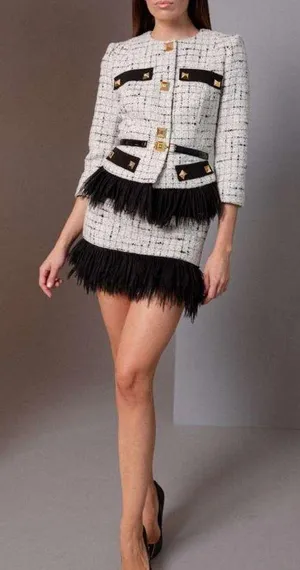 Ivory And Black Cropped Tweed Jacket & Skirt Set NWT thumbnail 2