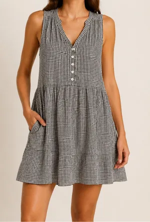 Quince Gingham Check Sleeveless Babydoll Dress Size S Black White Cottagecore thumbnail 1