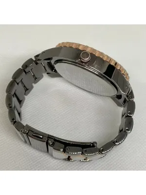 DayTrip iced dial gold black tone women watch large case 46mm size 6.5” running thumbnail 7