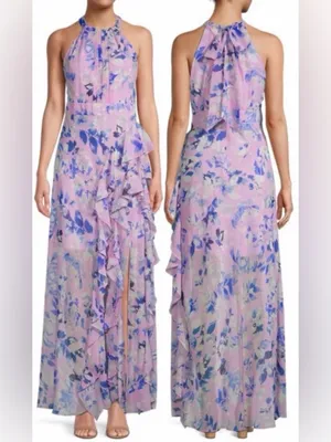 NEW ELIZA J Purple Floral halter ruffle maxi Sun Dress sz 6 thumbnail 2