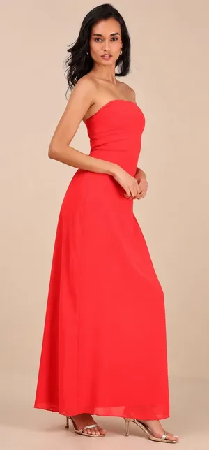NWOT Lulus Rawya Red Orange Strapless Maxi Dress Holiday Party NYE Formal Size M thumbnail 1