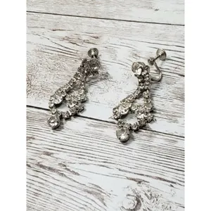Vintage Screw On Earrings - Dangle Earrings - Clear Gem - 1.75" thumbnail 2