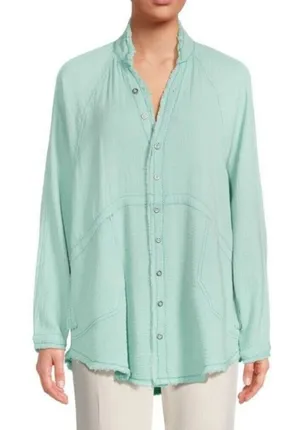 Free People We The Free Summer Daydream Seafoam Green Gauze Button-Up Shirt Sz L thumbnail 1