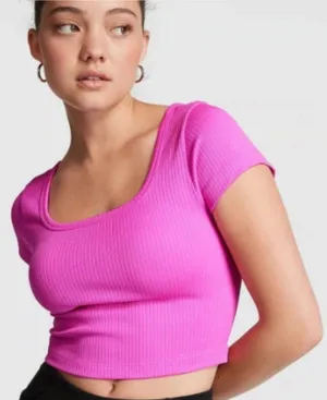 Victoria's Secret PINK Women's Sz XL Seamless Rib Short-Sleeve Crop Top Hot Pink thumbnail 1