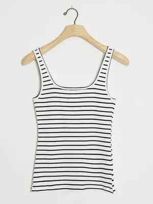 Eri + Ali Women’s Size Medium Janesse Ribbed Top Striped White Black Scoop Neck thumbnail 3
