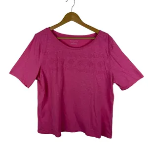 Talbots Floral Embroidered Pink Slub Cotton‎ Tee Size XL Preppy Stretch Colorful thumbnail 2