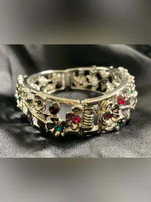 Silver Floral Bangle Bracelet w/ Pink, Green and Teal Crystal Accents thumbnail 4