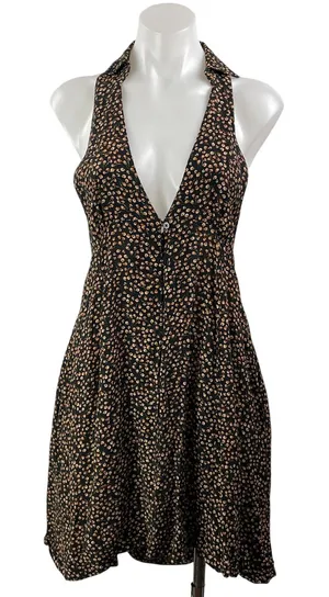 Free People Cest La Vie Black Ditsy Floral Halter A Line Mini Dress Size XS thumbnail 1