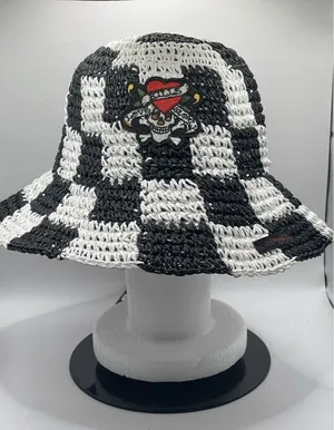 Ed Hardy, Black‎ And White Crochet Checkered Bucket hat festival Boho thumbnail 1