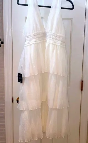 Lulus dreamy mood white Swiss dot tiered midi dress. Polyester. Size Small. thumbnail 11