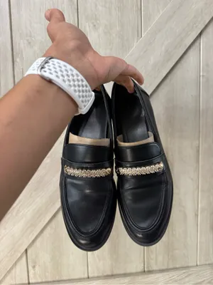 Franco Sarto Black Leather Platform Loafers with Crystal Chain thumbnail 4