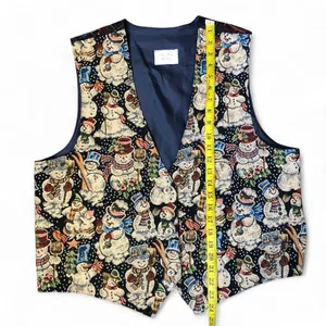 Vintage Granny Cottage core Tapestry Snowman Plaid Tartan Tie Back Christmas Vest Jacket Sleeveless All Over Pring #Grandmacore #festive #retro #preppy #Whimsy Measurement in pics thumbnail 6