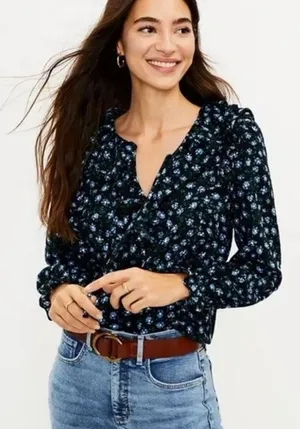 LOFT Black Blue Floral‎ Ruffle Tie Neck Blouse Romantic Cottagecore XS thumbnail 1
