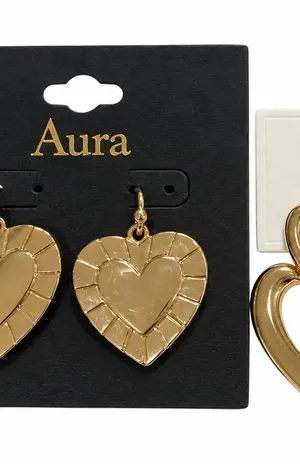 2 pair Aura Gold Heart Drop Earrings stainless steel dangle cute statement gift thumbnail 1