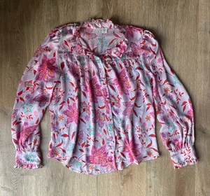 Fate Pink Floral Ruffle Blouse Long Sleeve Size L Romantic Boho Top thumbnail 1