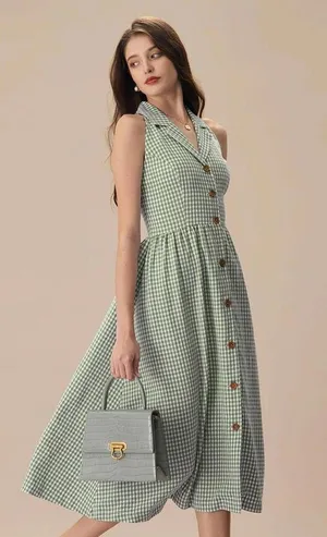 RIHOAS The Green Lapel Plaid Sleeveless Shirt Midi Dress XS thumbnail 2