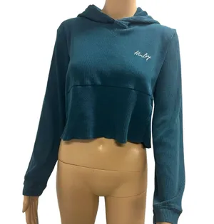 Hurley Ribbed Turquoise Long Sleeve Hooded Cropped Shirt Kangaroo Pocket Medium thumbnail 2